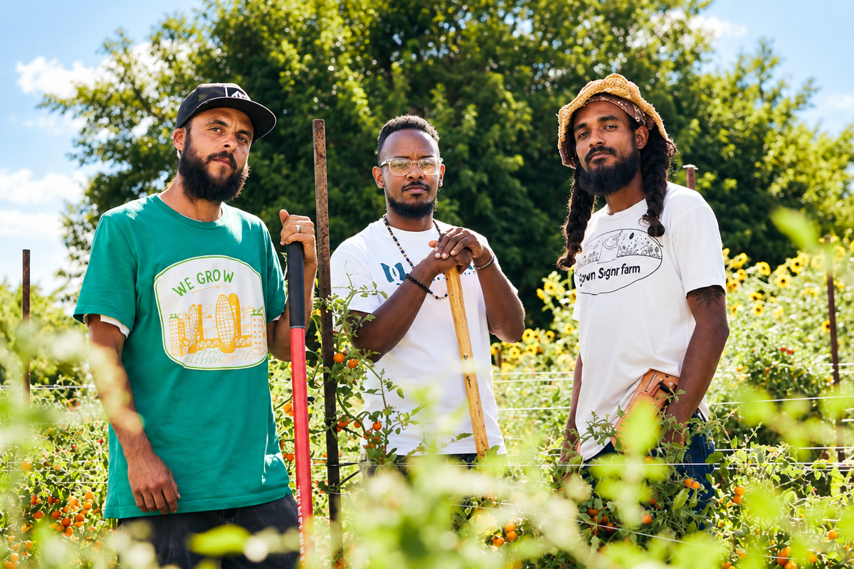 Three farmers standing in a sunny garden wearing t-shirts, with one in a green shirt and another in a white shirt, holding gardening tools.