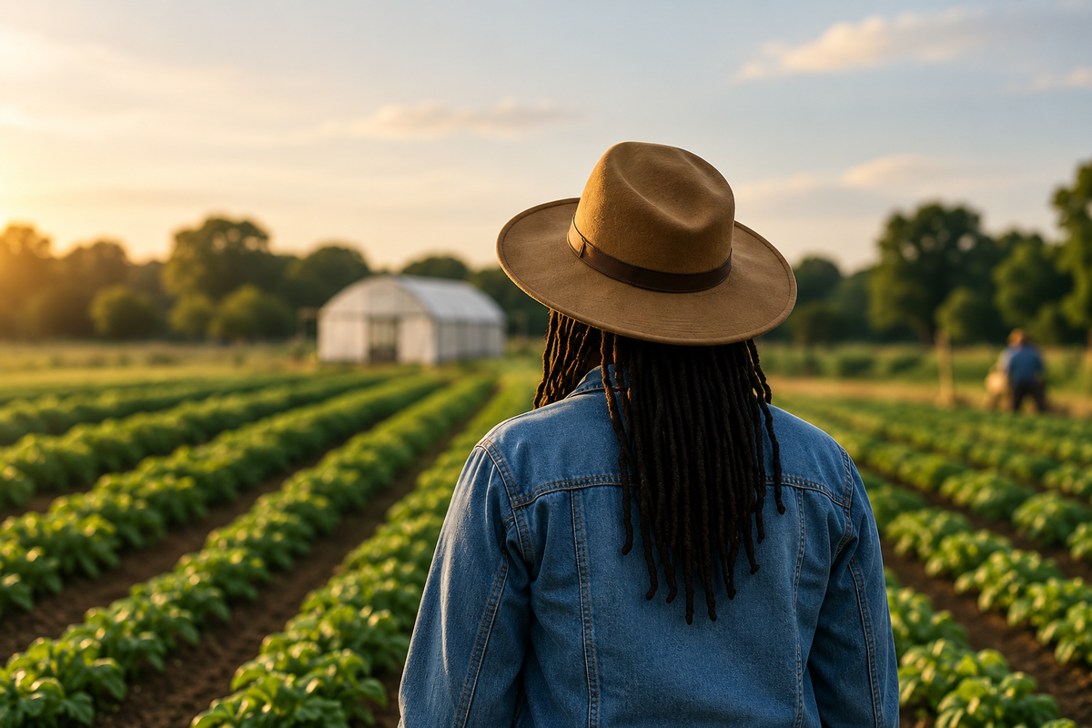 A farmer seen from behind wearing a tan wide-brim hat and a blue denim shirt, standing in a farm field at sunset with rows of crops, trees, and a greenhouse in the background.