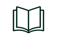 A simple dark green outline icon of an open book centered on a light gray background.