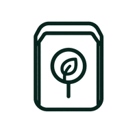 A dark green outline icon of a seed package with a leaf symbol on the front, centered on a plain white background.