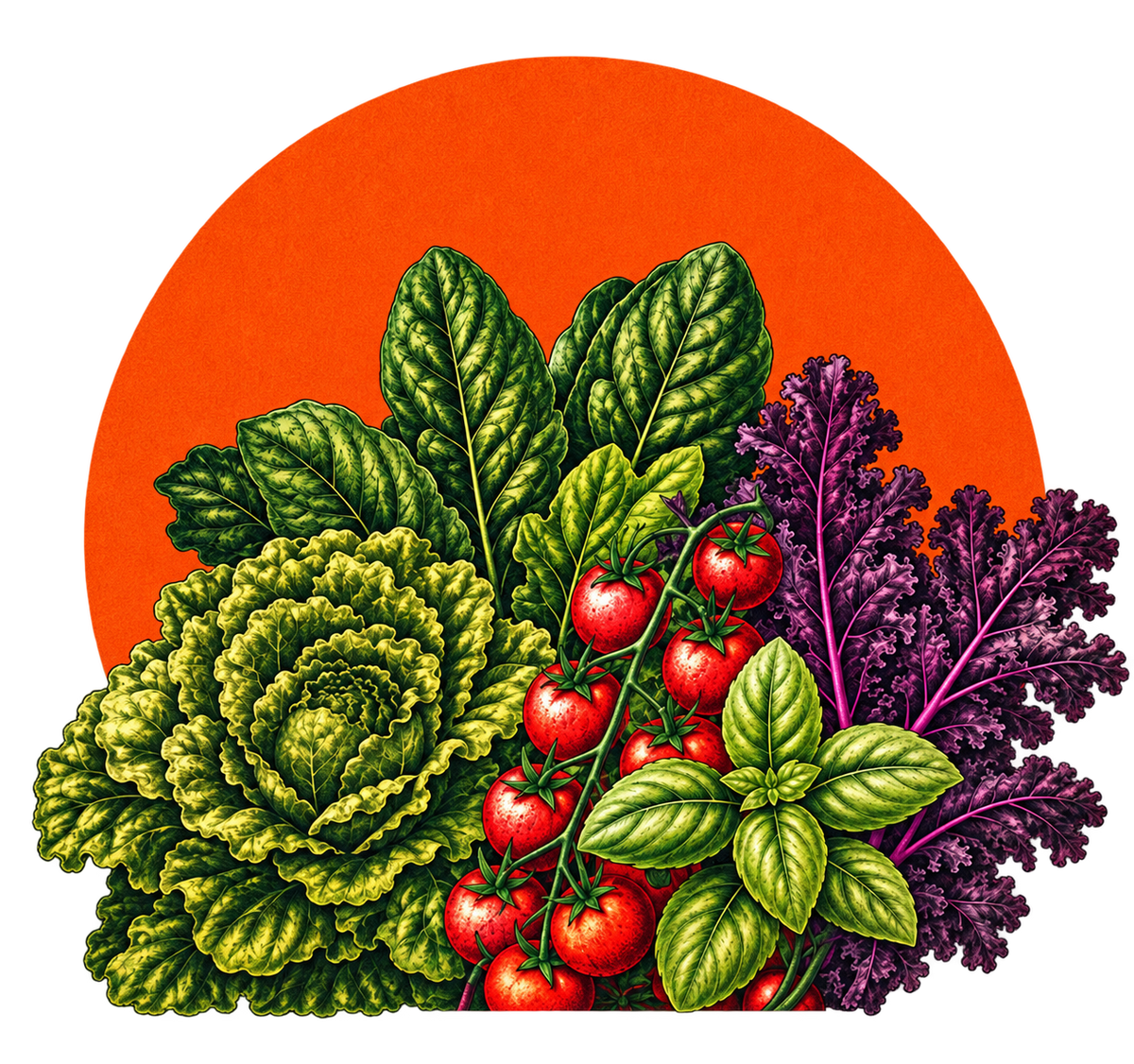A stylized botanical illustration of mixed vegetables arranged in front of a large orange sun on a cream colored background, including green leafy greens, purple kale, and red tomatoes.