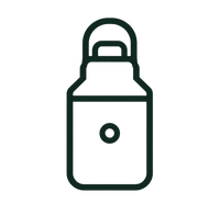 A minimalist dark green outline icon of a water bottle with a loop handle and a circular button on the front, centered on a solid white background.